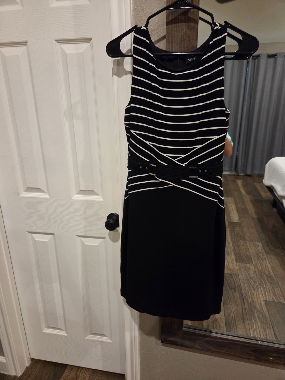 White House Black Market Black & White Striped Sheath Dress with Belt